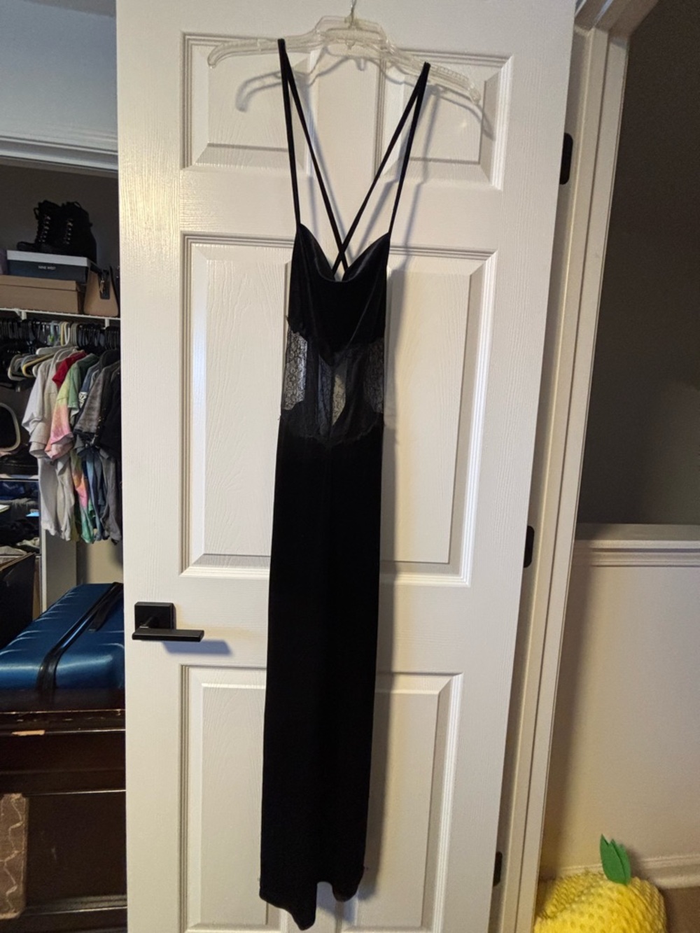 Black Velvet Slip Dress with Sheer Lace Panels and Side Slit